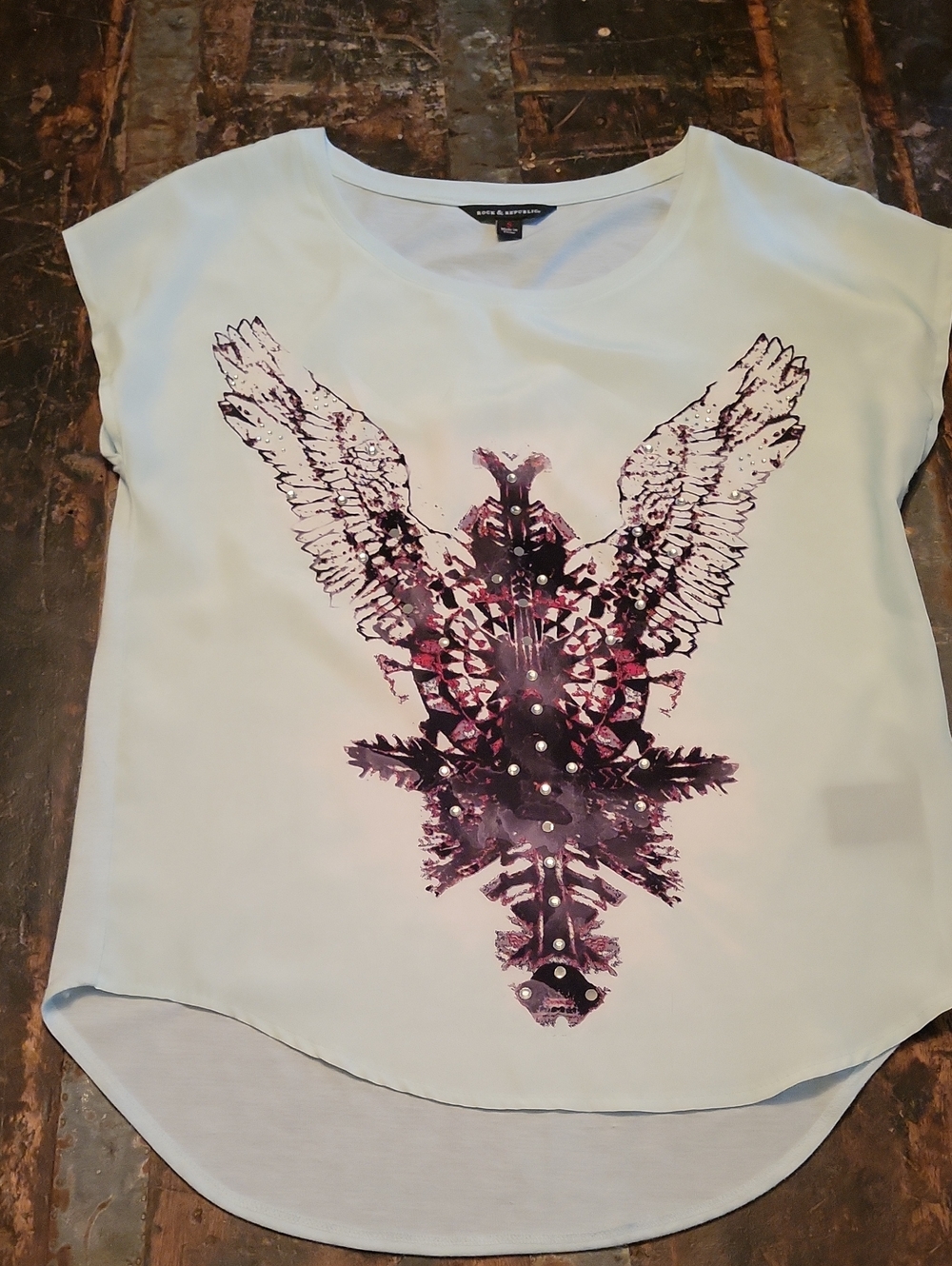 Rock & Republic Blue Short Sleeve Tee with Purple Wing Graphic and Studs